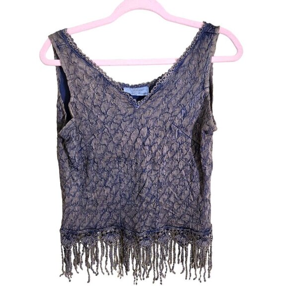 Sfizio Made In Italy Unique Mixed Media Blue Tan Stretch Fringe Tank Top Size M - Picture 1 of 7